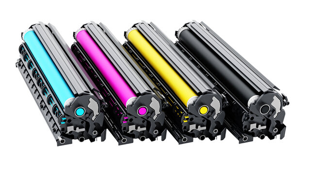 Stack of laser printer CMYK toners. Transparent background. 3D illustration
