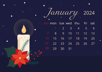 Monthly calendar template January 2024. Planer, vector illustration design in a flat style. Christmas flower. Calendar 2024, Christmas illustration