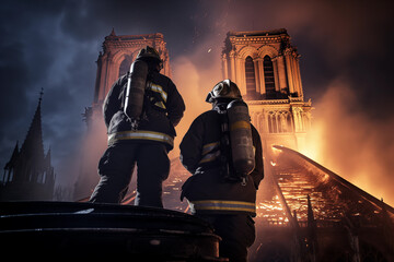 Firefighters on Notre Dame cathedral in Paris, France  - obrazy, fototapety, plakaty