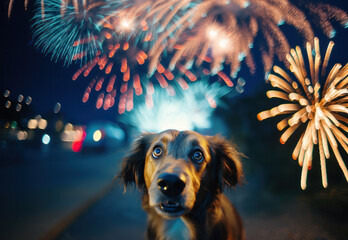 A scared brown dog looks up vivid fireworks in the night sky, portraying the common anxiety pets feel during loud celebrations - obrazy, fototapety, plakaty