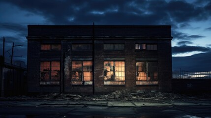An abandoned building at dusk, with broken windows and doors ajar, creating a sense of foreboding and terror. The sky above the building is open and less detailed, ideal for text placement.