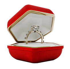 Wedding diamond ring standing in hexagonal box. Transparent background. 3D illustration