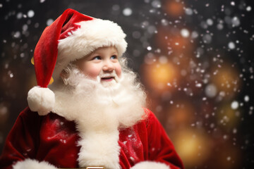 Little happy boy with Christmas Santa's hat, concept of Christmas and new year, with snow and bokeh background, Xmas