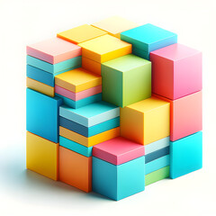 Colorful 3D Cubes Stacked in a Complex Structure on a White Background - Concept of Creativity, Problem Solving, and Modern Design