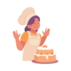 Woman Cook or Chef Character in Uniform with Cake Vector Illustration
