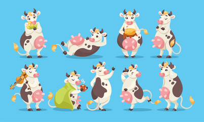 Funny Cow Character with Udder and Spotted Body Vector Set