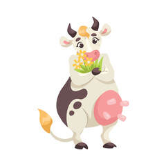 Funny Cow Character with Udder and Spotted Body Hold Flower Bunch Vector Illustration