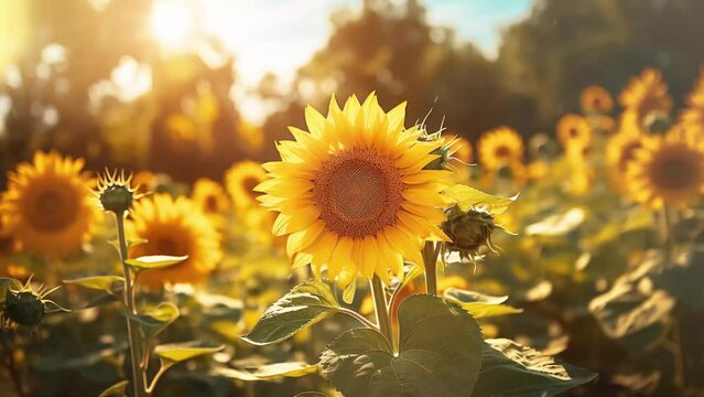 realistic sunflower garden background with particle. Spring, Summer flowers garden in sunny day. Nature concept.