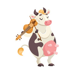 Funny Cow Character with Udder and Spotted Body Playing Violin Vector Illustration