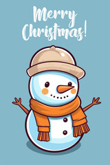 A festive vector illustration of a smiling snowman wearing a scarf against a light blue background. The minimalist design captures the joyful spirit of the holiday season