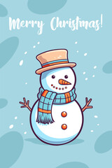 A festive vector illustration of a smiling snowman wearing a scarf against a light blue background. The minimalist design captures the joyful spirit of the holiday season