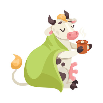 Funny Cow Character with Udder and Spotted Body with Hot Tea Drink Vector Illustration