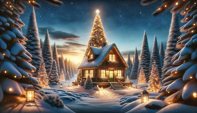 An enchanting Christmas winter scene featuring a cottage shaped like a Christmas tree and ambient lighting, all set against a twilight sky. Generative AI.