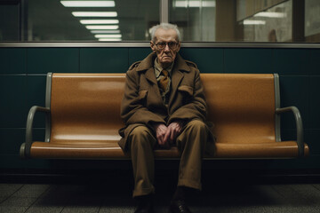 An elderly sullen man is sitting alone on a bench in the corridor. The concept of powerlessness and loneliness in old age - obrazy, fototapety, plakaty