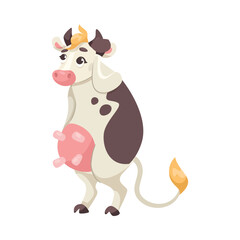 Obraz na płótnie Canvas Funny Cow Character with Udder and Spotted Body Stand and Think Vector Illustration