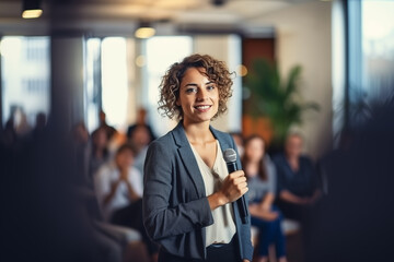 Businesswoman giving a speech in business event holding microphone, generative AI.