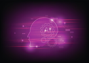 Artificial intelligence in humanoid head with transfer data. AI with Digital Brain technology background Face of cyber. Flat vector illustration.