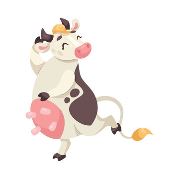 Funny Cow Character with Udder and Spotted Body Dancing Vector Illustration