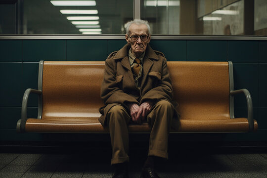 An elderly sullen man is sitting alone on a bench in the corridor. The concept of powerlessness and loneliness in old age