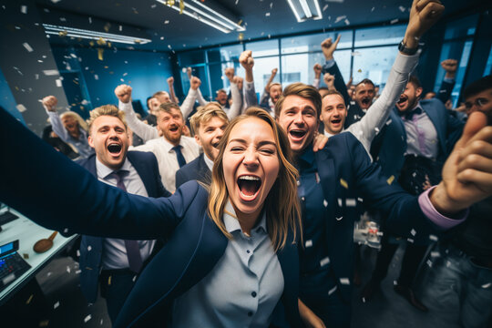 Office celebration, team of business people partying, generative AI