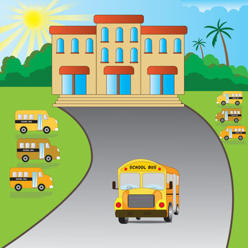Back to school template with school bus . School bus vector. School vector with background. Vector illustration.