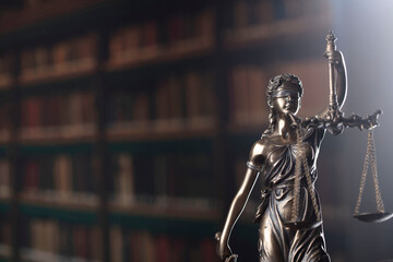 Law theme. Themis statue, scale and judge gavel in the law faculty library.