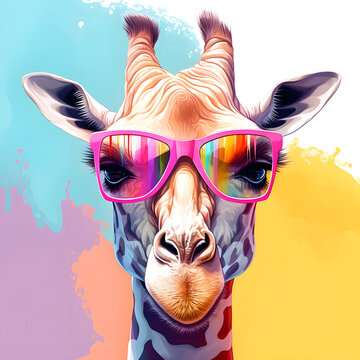 Giraffe With Sunglasses. Portrait On Colorful Backgeround