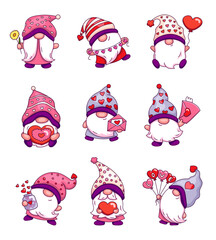 Cute love gnomes cartoon characters. Funny romantic elf with hearts, gifts, flowers for Valentines Day and Mothers Day. Hand drawn style. Vector drawing. Collection of design elements.