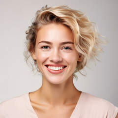 Portrait of a smiling woman with a white background headshot - obrazy, fototapety, plakaty