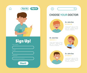 Male and Female Doctor Character Online Application Interface Vector Illustration