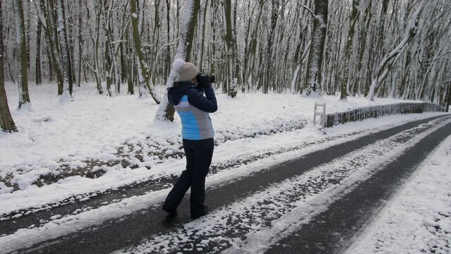 A woman shoots a winter forest and a forest road on a SLR camera. All around the trees are covered with snow. Activities of a photographer and videographer for social networks.