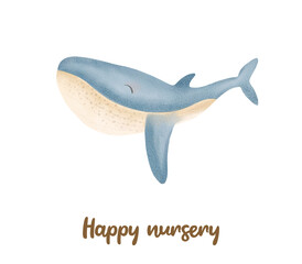 Watercolor baby whale in nursery style illustration. Gentle boho style, for nursery decoration, fabric, desighs, high resolution. Isolated on a white background.