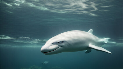 Fototapeta premium A lifelike image of a gentle and friendly beluga whale swimming gracefully - AI Generative