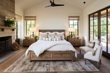 Farmhouse interior design of modern bedroom with hardwood floor. Generative AI