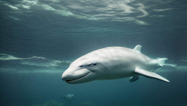 A lifelike image of a gentle and friendly beluga whale swimming gracefully - AI Generative