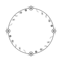 Abstract Black Simple Line Round Circle With Leaf Leaves Frame Flowers Doodle Outline Element Vector Design Style Sketch Isolated Illustration For Wedding And Banner