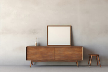 Wooden dresser near concrete wall with frame. Vintage home interior design of living room. Generative AI