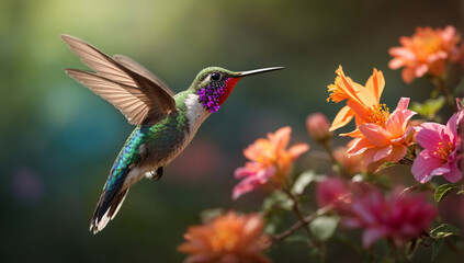 Fototapeta premium A lifelike image of a graceful and agile hummingbird hovering near a flower - AI Generative