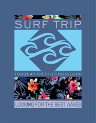 Vector illustration of text and floral with allusion to surf.