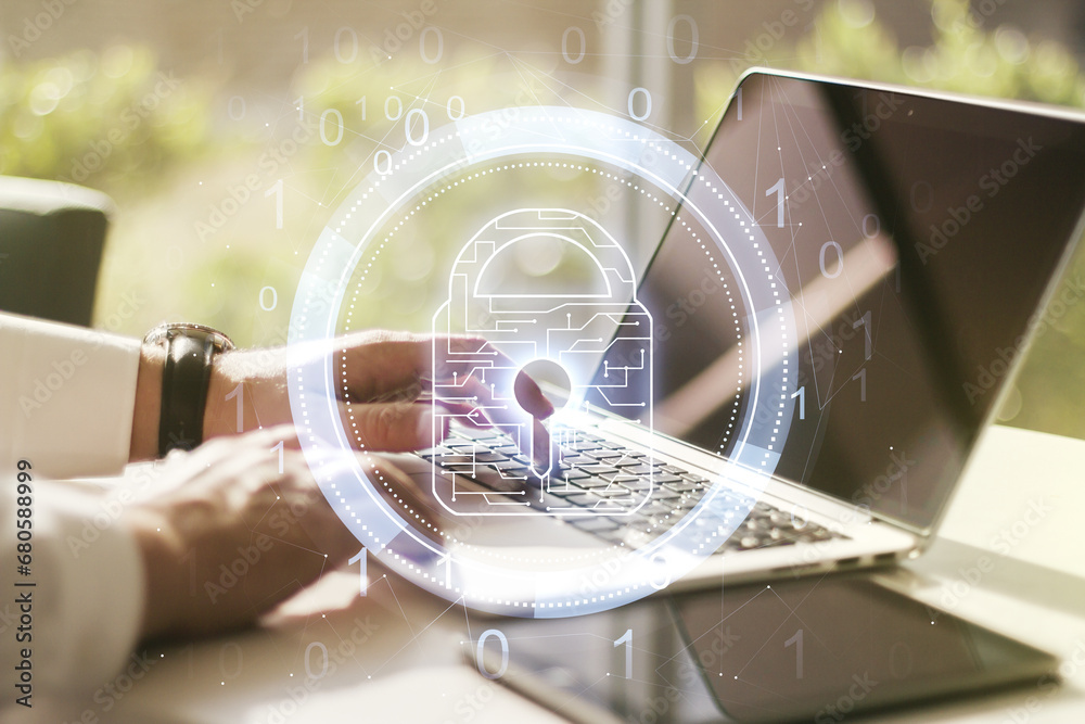 Fototapete creative lock illustration with microcircuit and hands typing on computer keyboard on background, cy
