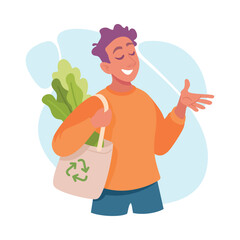 Ecology with Man Character Carry Reusable Shopping Bag Enjoy Sustainable Lifestyle Vector Illustration