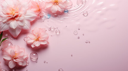 Water background. Pink aqua texture, surface of ripples, flower. Flat lay, top view, copy space, banner
