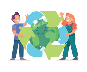 Ecology with Man and Woman Character with Globe Enjoy Sustainable Lifestyle Vector Illustration