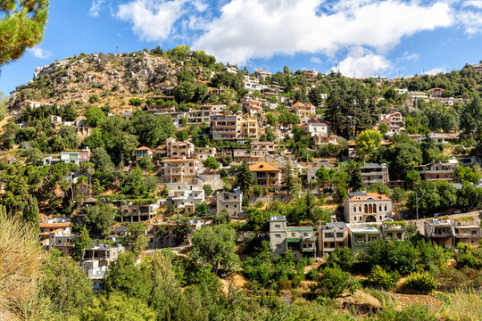 Picturesque of houses that are built on the mountain slopes in the mountainous region of Faraya. Republic of Lebanon