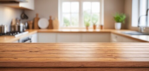 Fototapeta na wymiar Wooden table on blurred kitchen bench background. Empty wooden table and blurred kitchen background for display or montage your products