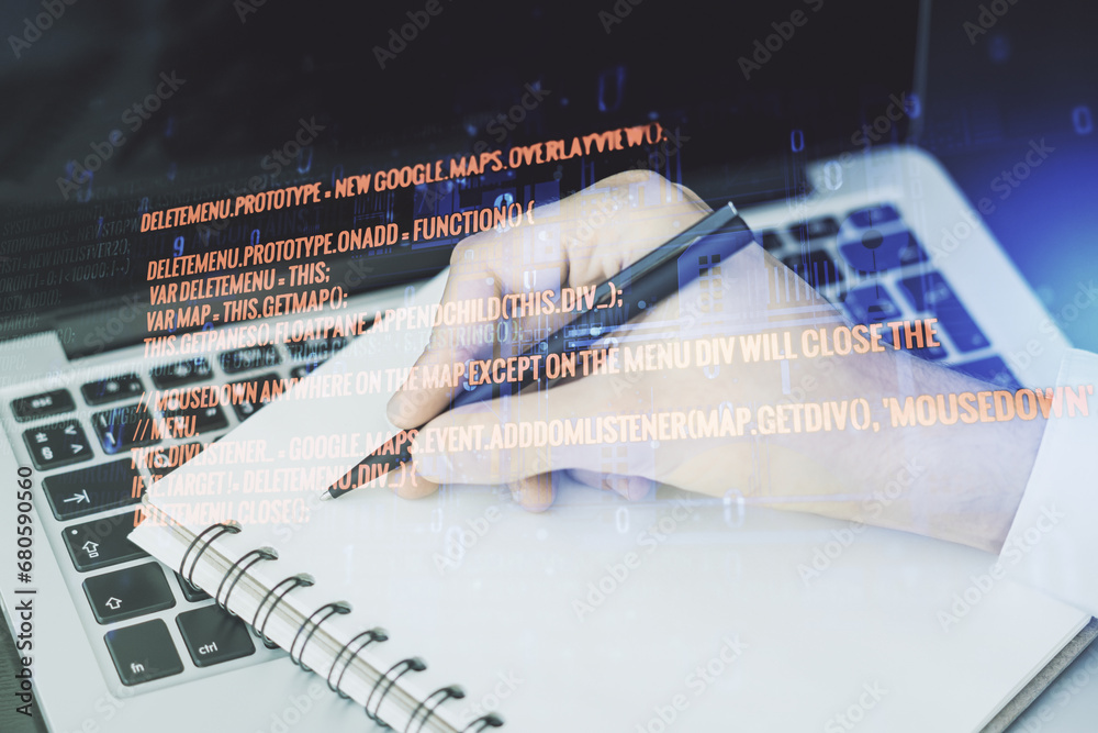 Poster multi exposure of abstract software development hologram and hand writing in notebook on background 
