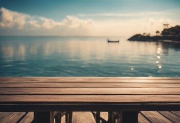 Wooden table on the background of the sea island and the blue sky High quality photo