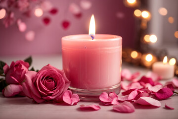 Obraz na płótnie Canvas Valentine's Day. Pink candle and rose flowers, pink bokeh background Valentine's Day background in pink tones, pink flowers and burning candle, luxury glamorous romantic background