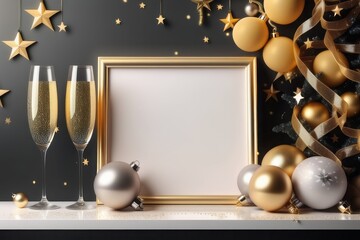 champagne bottle and golden christmas ball, Christmas mockup card with golden balls