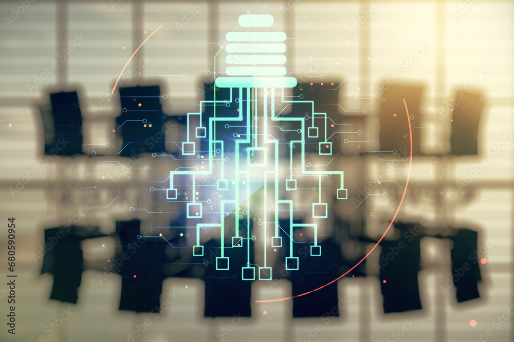 Poster double exposure of virtual creative light bulb hologram with chip on a modern meeting room backgroun